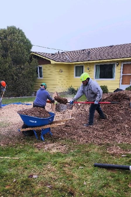 One man using a chainsaw to cut large piece of wood, and another man loading wood chips into a wheelbarrow using a shovel.