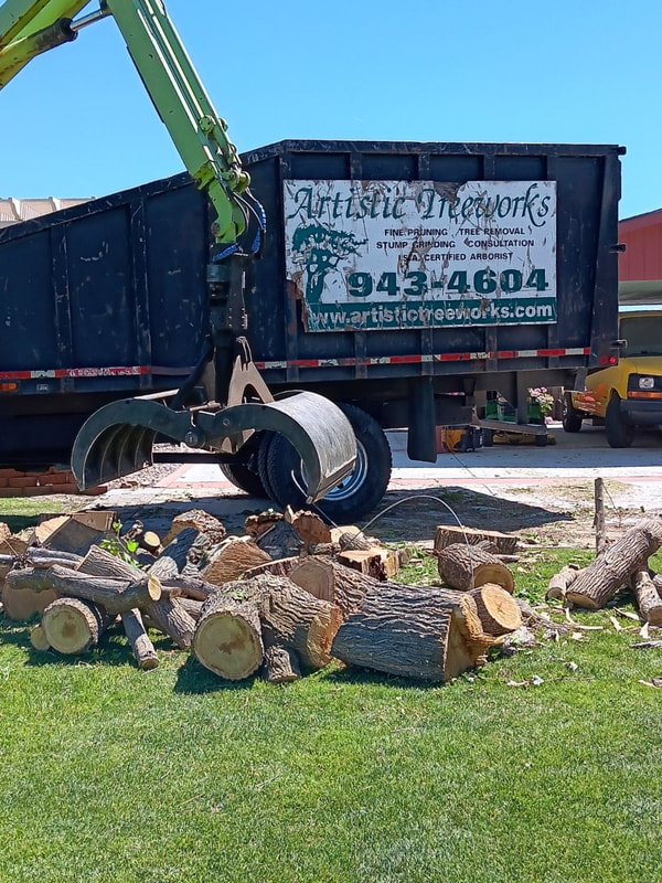 Grapple truck being used to pick up large wood from ground