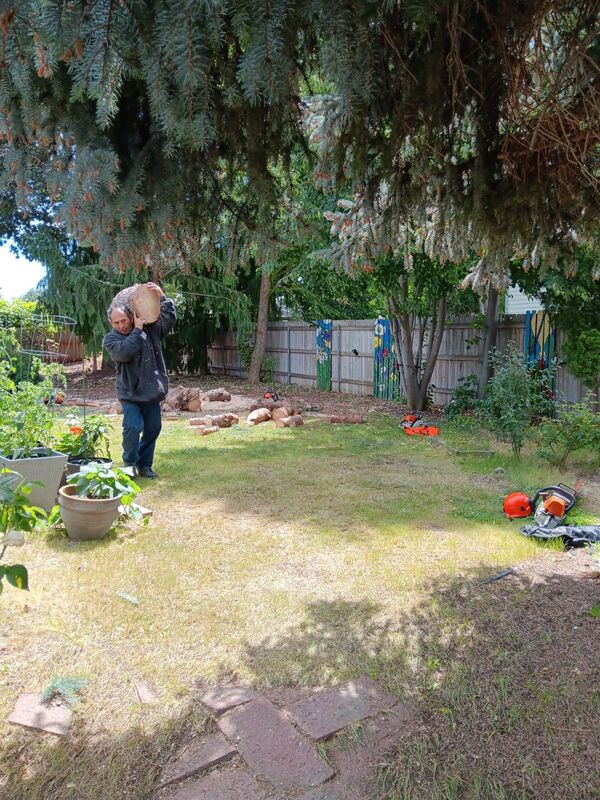 1 man carrying wood across yard