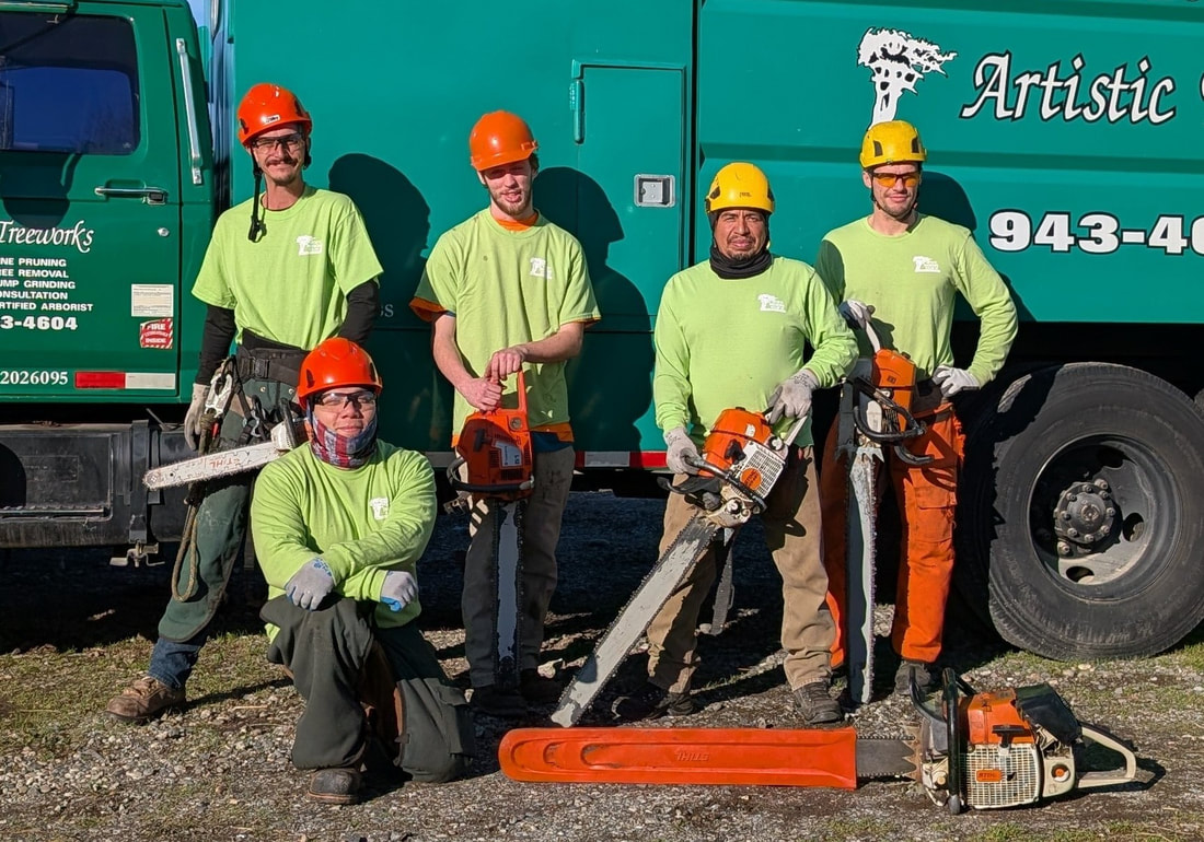 5 Tree crew members standing in front of a wood chipper